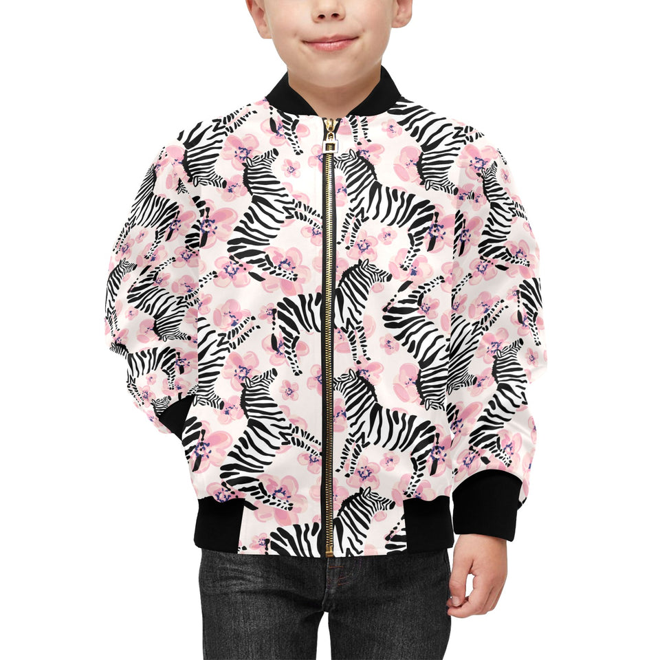 Zebra pink flower background Kids' Boys' Girls' Bomber Jacket