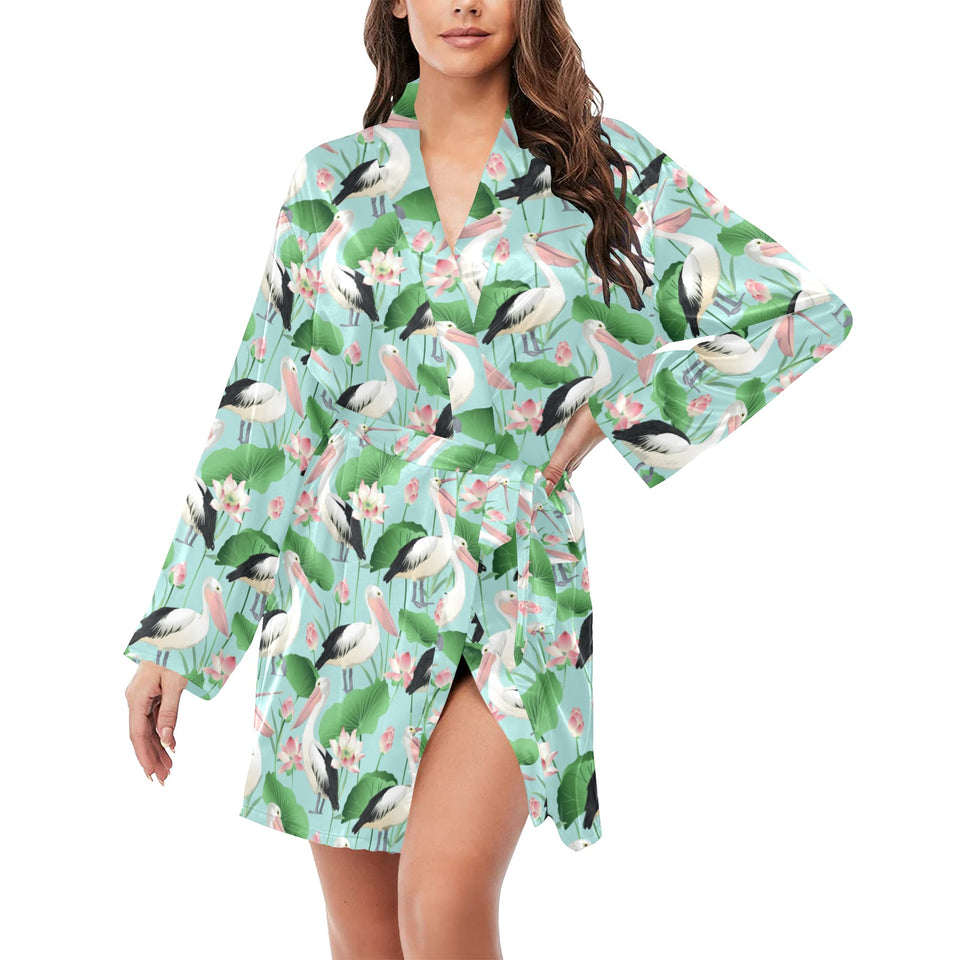 Pelican Pattern Print Design 01 Women's Long Sleeve Belted Night Robe