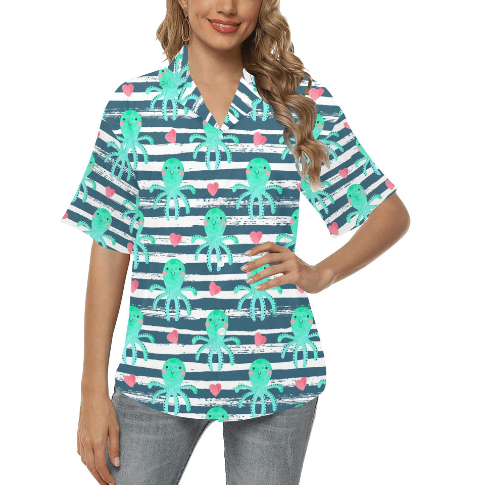 Cute octopuses heart striped background Women's All Over Print Hawaiian Shirt