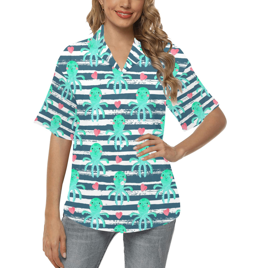 Cute octopuses heart striped background Women's All Over Print Hawaiian Shirt