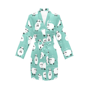 Cute sheep green background Women's Long Sleeve Belted Night Robe