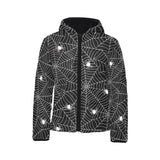 Spider web design pattern Black background white c Kids' Boys' Girls' Padded Hooded Jacket