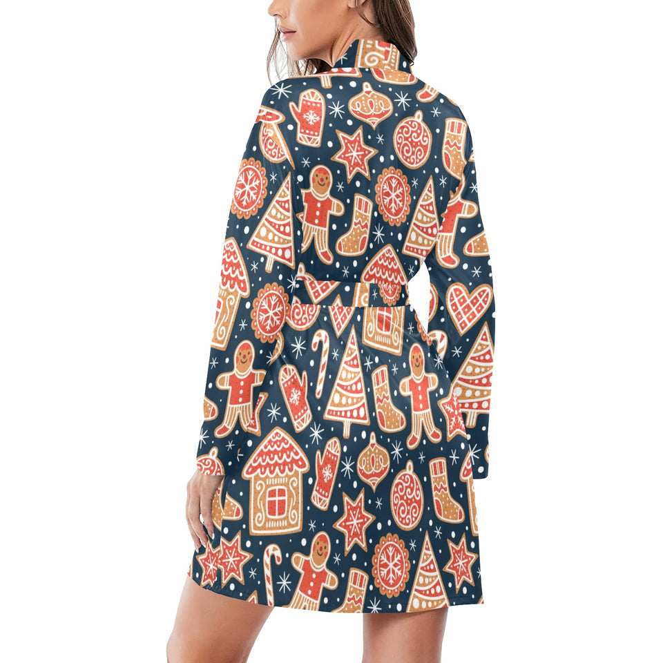 Christmas gingerbread cookie pattern Women's Long Sleeve Belted Night Robe