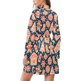 Christmas gingerbread cookie pattern Women's Long Sleeve Belted Night Robe