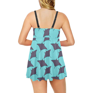Stingray Pattern Print Design 02 Chest Sexy Pleated Two Piece Swim Dress