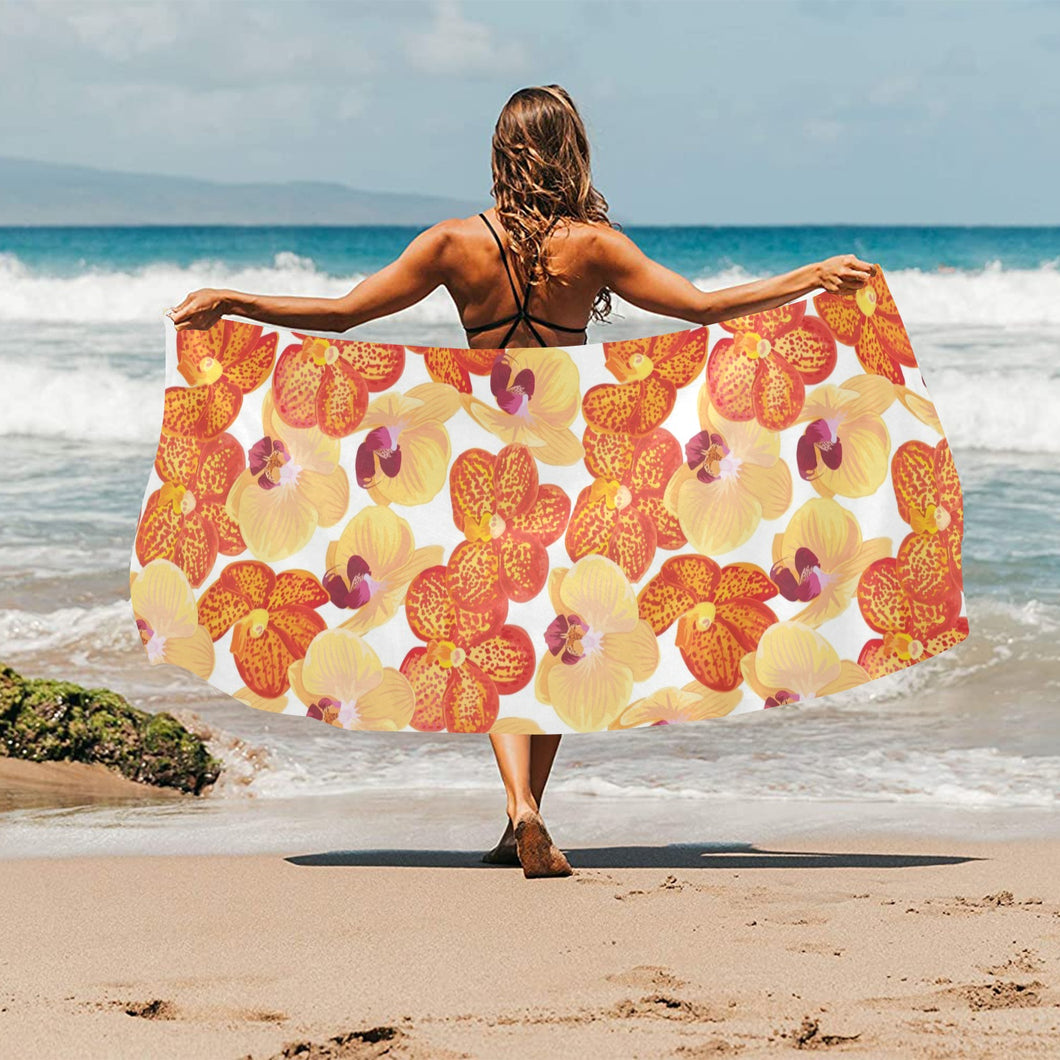 Orange yellow orchid flower pattern background Beach Towel