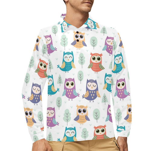 Cute owl pattern Men's Long Sleeve Polo Shirt