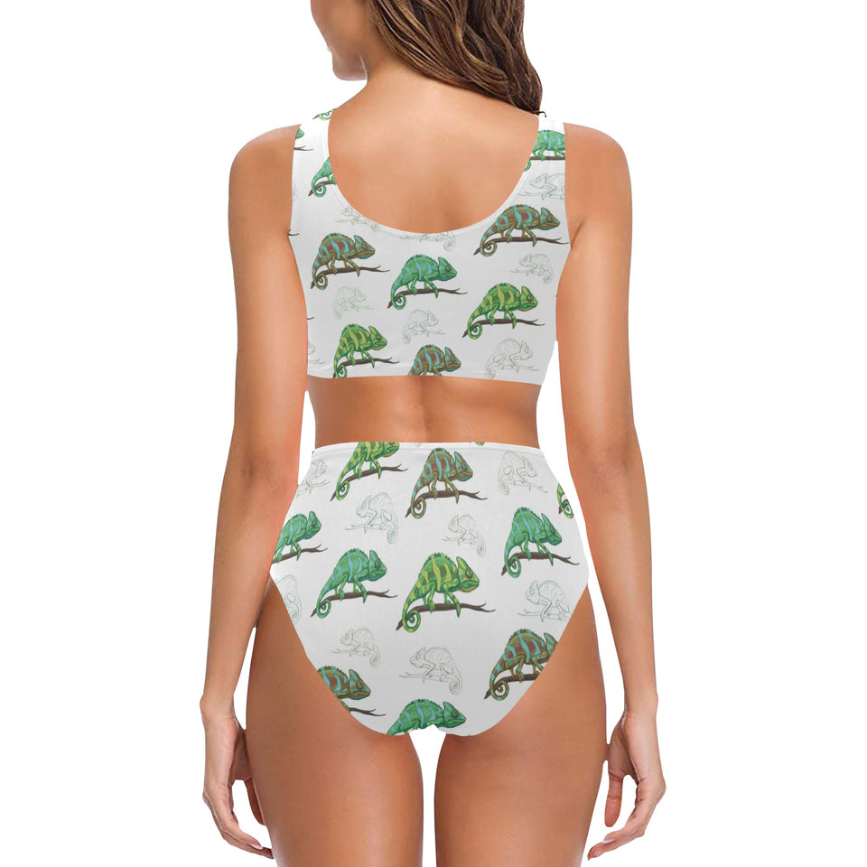 Chameleon lizard pattern Chest Bowknot High Waisted Bikini Swimsuit