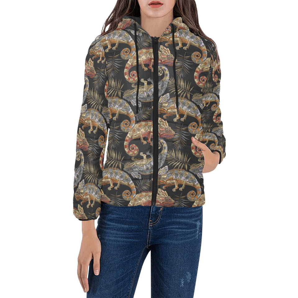 Chameleon lizard tropical leaves palm tree Women's Padded Hooded Jacket