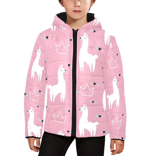 Llama Alpaca pink background Kids' Boys' Girls' Padded Hooded Jacket