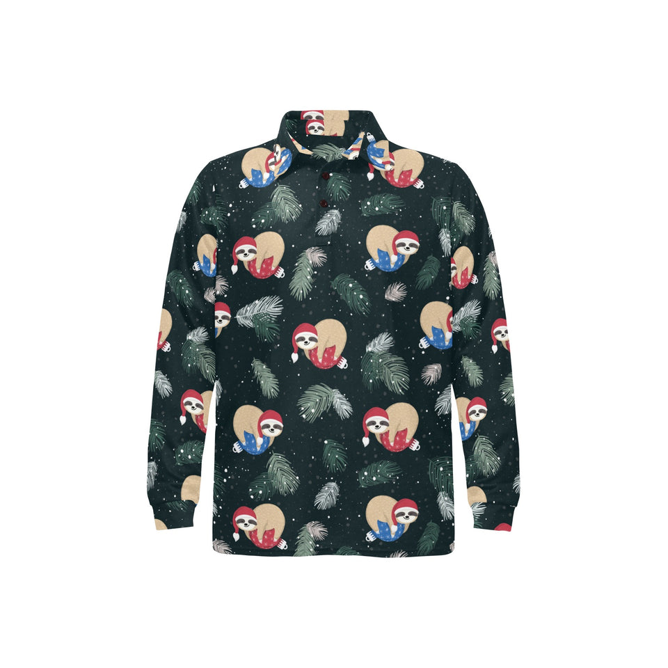 Cute sloths sleeping christmas ball santa hat patt Men's Long Sleeve Polo Shirt