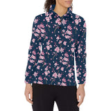 Pink sakura cherry blossom blue background Women's Long Sleeve Polo Shirt