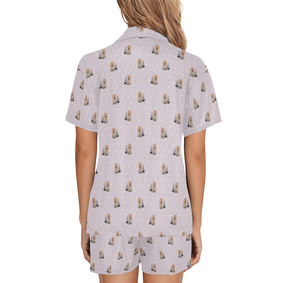 Yorkshire Terrier Pattern Print Design 02 Women's V-Neck Short Pajama Set