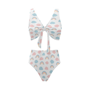 Cute rainbow clound pattern Chest Bowknot High Waisted Bikini Swimsuit