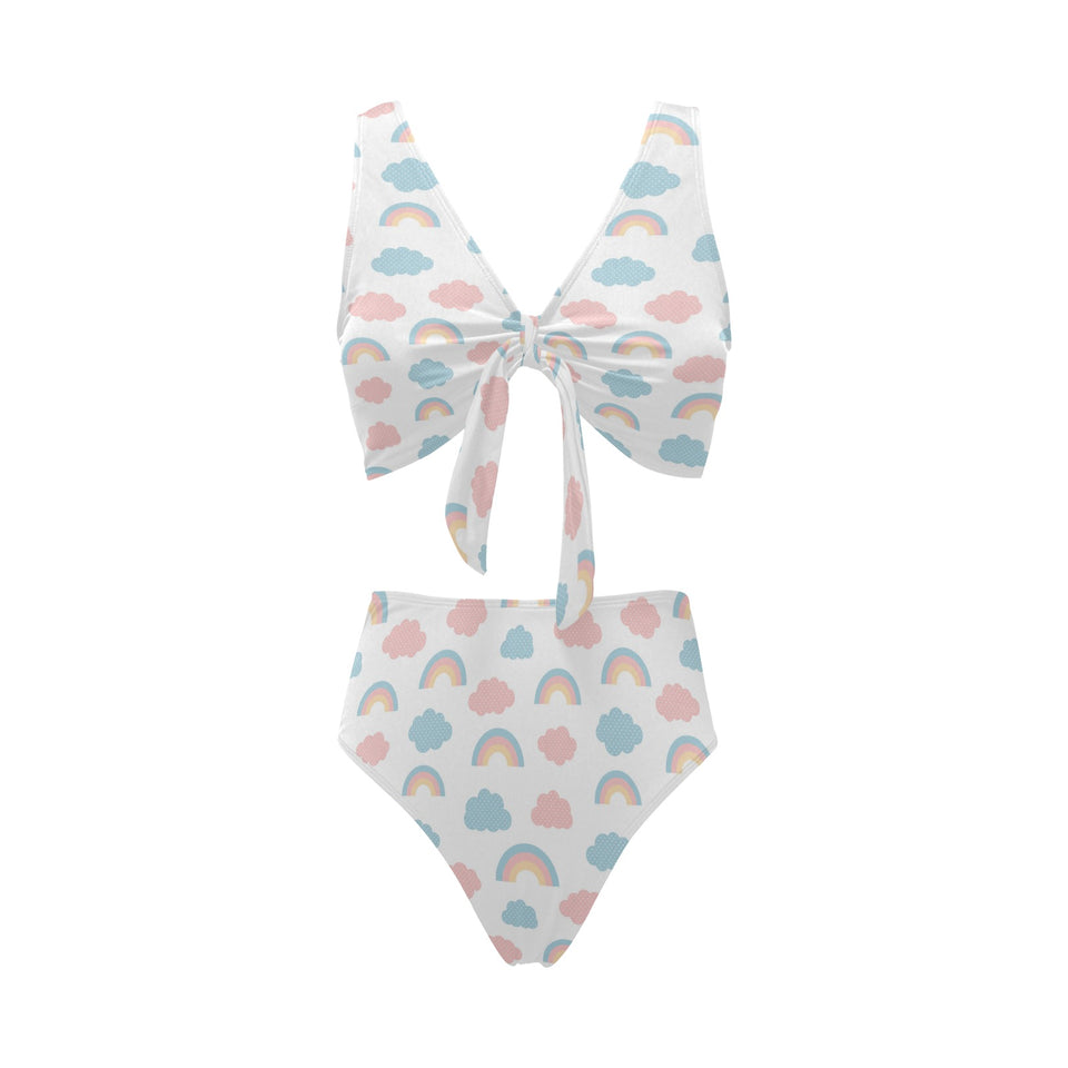 Cute rainbow clound pattern Chest Bowknot High Waisted Bikini Swimsuit