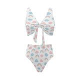 Cute rainbow clound pattern Chest Bowknot High Waisted Bikini Swimsuit