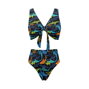 Colorful shark Chest Bowknot High Waisted Bikini Swimsuit