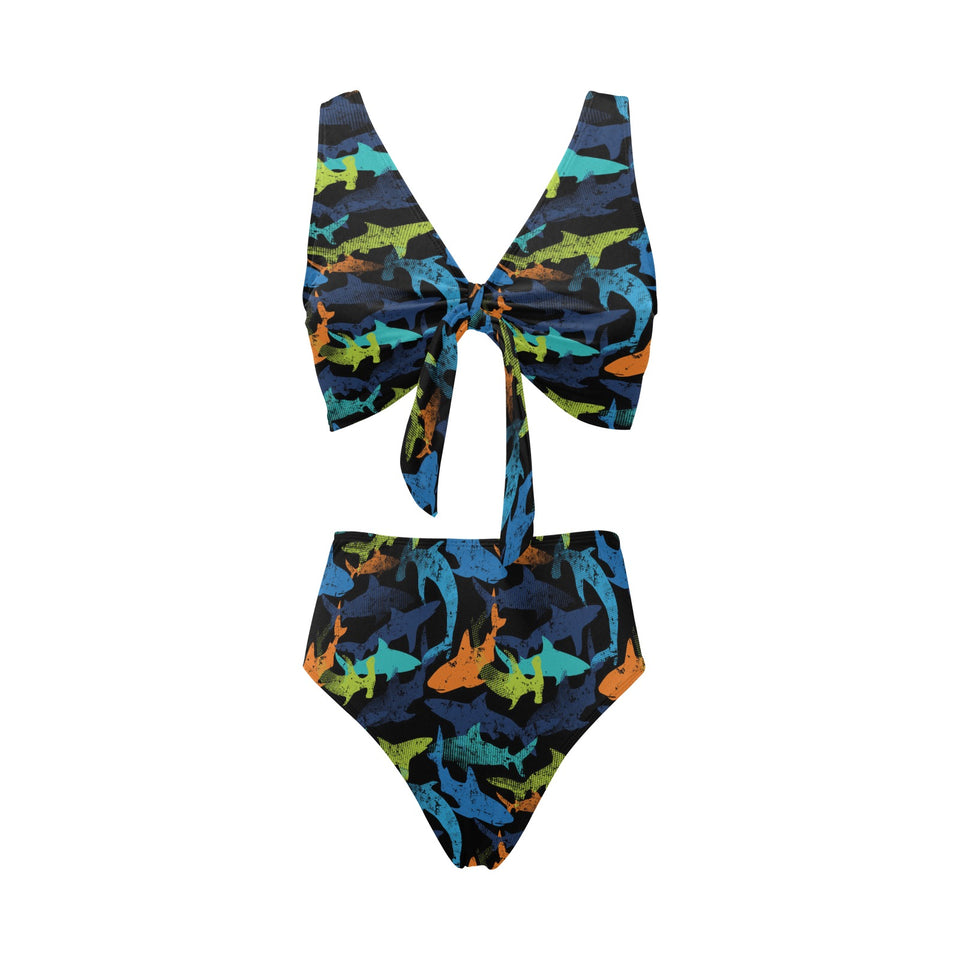 Colorful shark Chest Bowknot High Waisted Bikini Swimsuit
