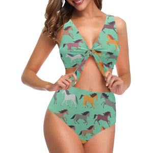 Colorful horses pattern Chest Bowknot High Waisted Bikini Swimsuit