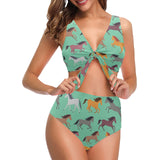 Colorful horses pattern Chest Bowknot High Waisted Bikini Swimsuit