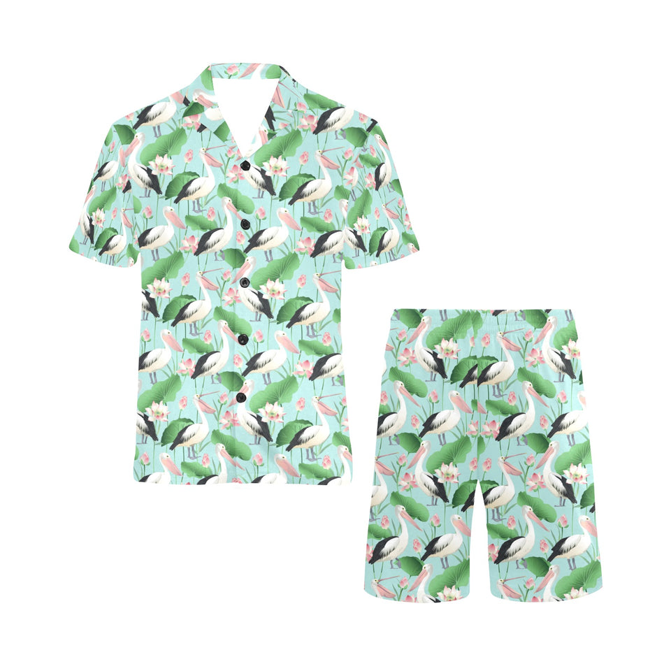 Pelican Pattern Print Design 01 Men's V-Neck Short Pajama Set