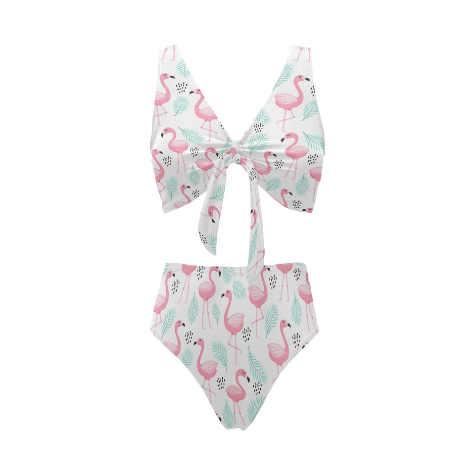 Cute flamingo pattern Chest Bowknot High Waisted Bikini Swimsuit