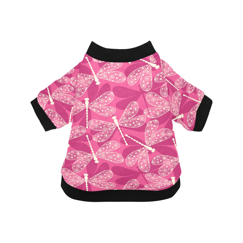 Beautiful dragonfly pink background All Over Print Pet Dog Round Neck Fuzzy Shirt