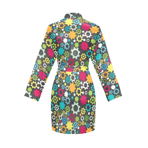 Gear Pattern Print Design 03 Women's Long Sleeve Belted Night Robe