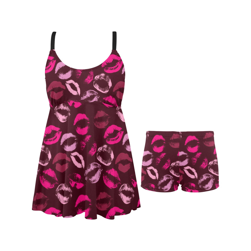 Lips Pattern Print Design 03 Chest Sexy Pleated Two Piece Swim Dress