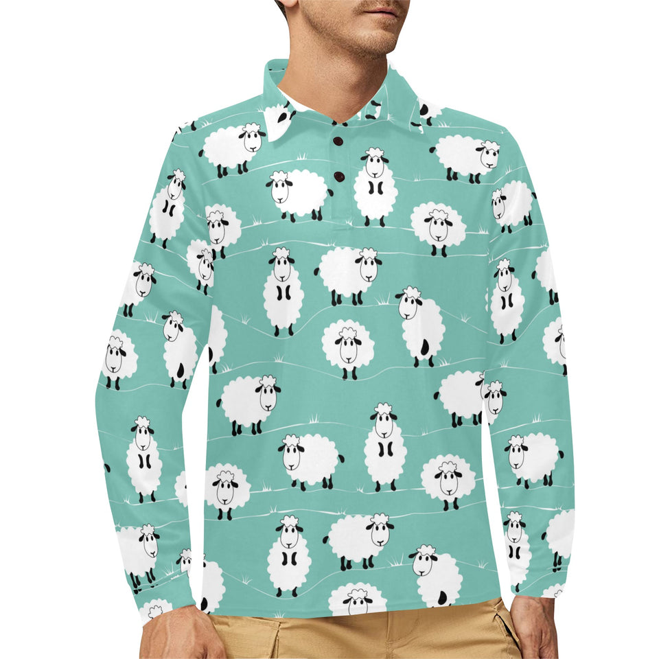 Cute sheep green background Men's Long Sleeve Polo Shirt