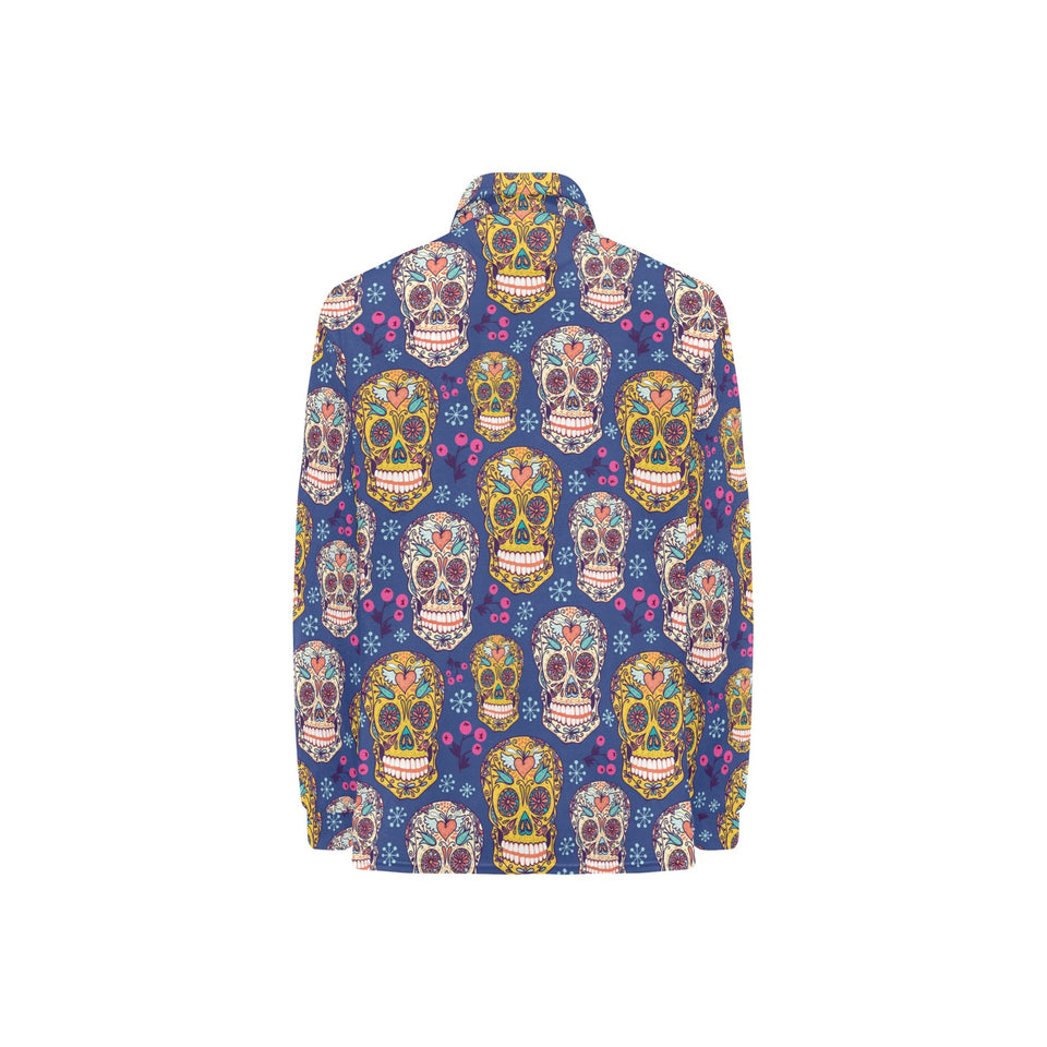 Sugar skull flower pattern Women's Long Sleeve Polo Shirt