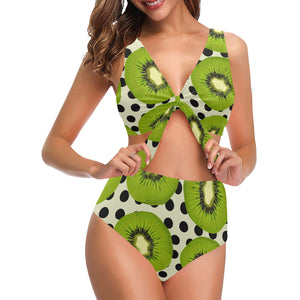 kiwi black dot background Chest Bowknot High Waisted Bikini Swimsuit