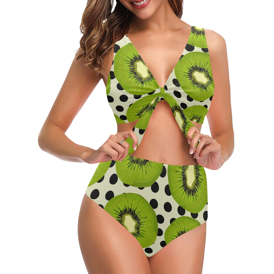 kiwi black dot background Chest Bowknot High Waisted Bikini Swimsuit