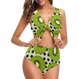 kiwi black dot background Chest Bowknot High Waisted Bikini Swimsuit