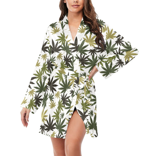 Canabis Marijuana Weed Pattern Print Design 05 Women's Long Sleeve Belted Night Robe