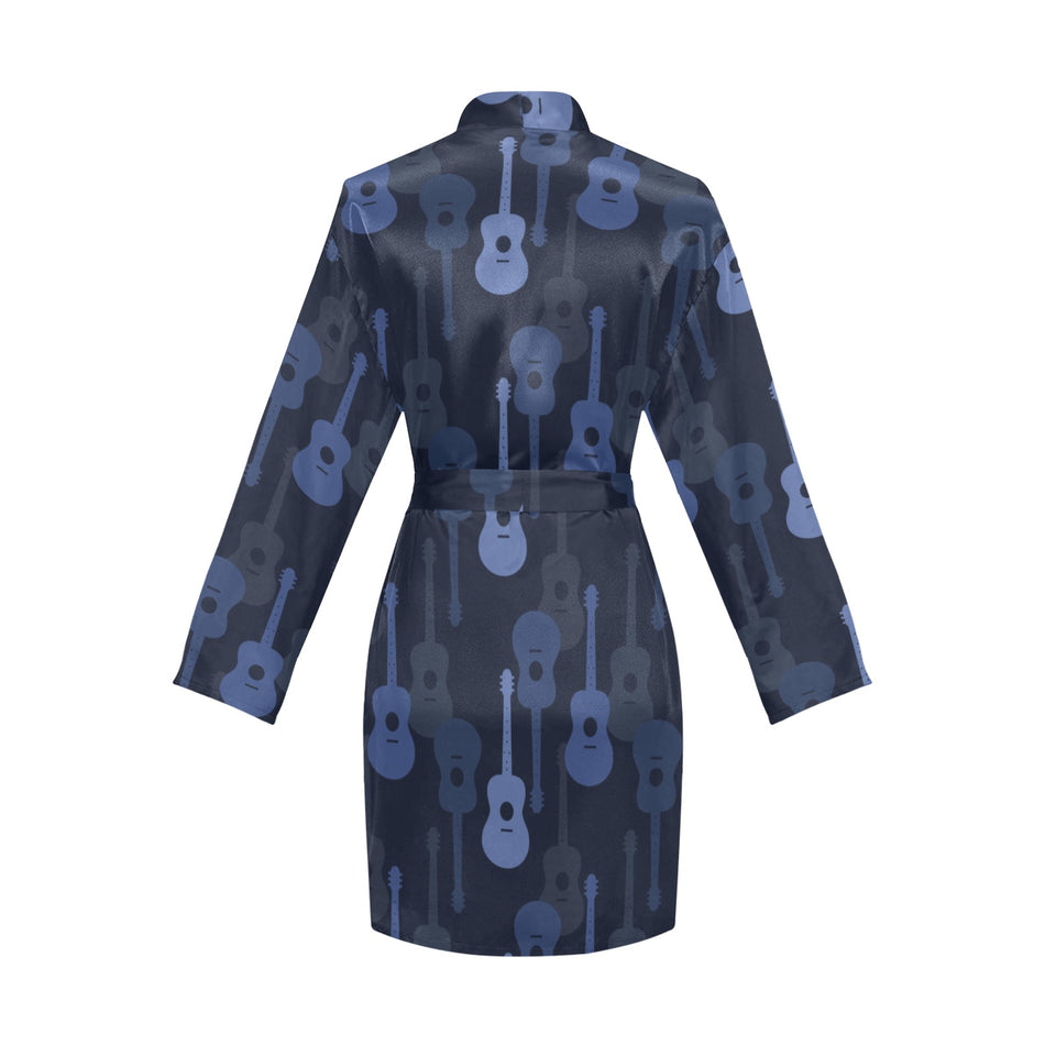 Blue Theme guitar pattern Women's Long Sleeve Belted Night Robe