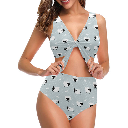 Sheep polka dot cloud pattern Chest Bowknot High Waisted Bikini Swimsuit