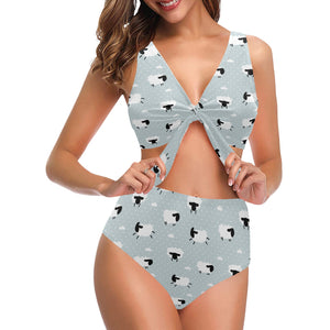 Sheep polka dot cloud pattern Chest Bowknot High Waisted Bikini Swimsuit