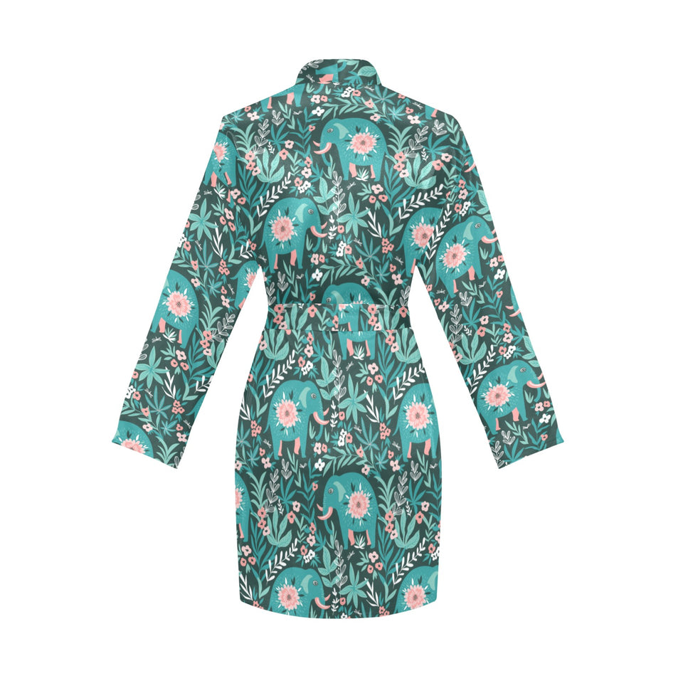 Elephants jungle pattern Women's Long Sleeve Belted Night Robe