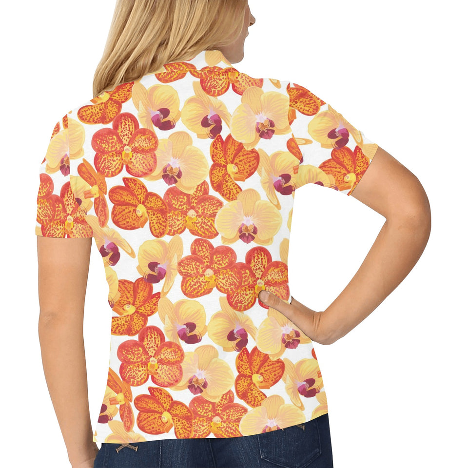 Orange yellow orchid flower pattern background Women's All Over Print Polo Shirt