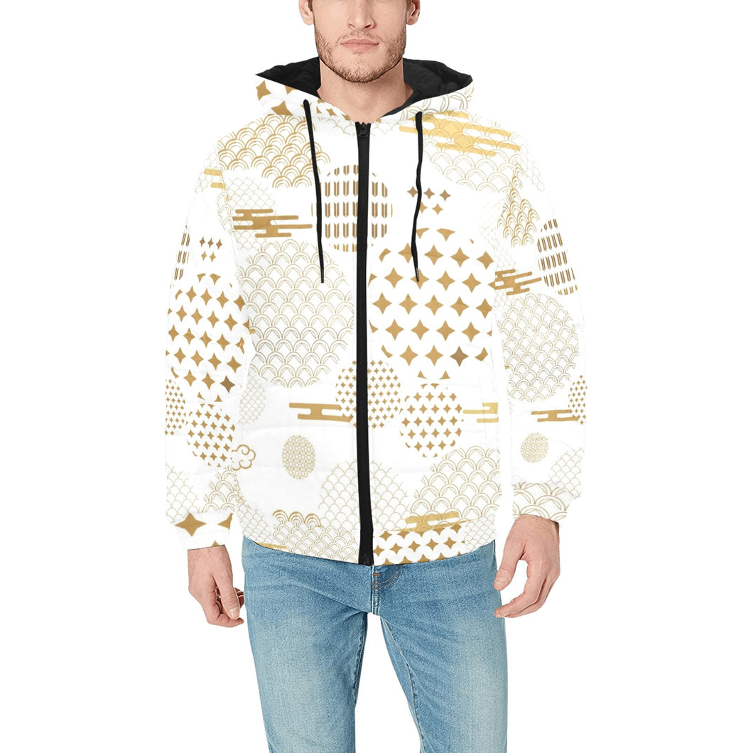 Beautiful gold japanese pattern Men's Padded Hooded Jacket