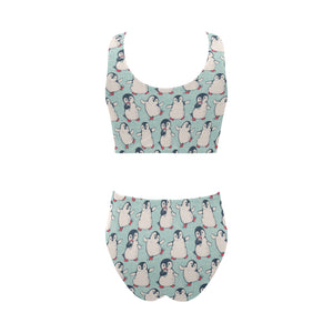 Cute Penguin pattern Chest Bowknot High Waisted Bikini Swimsuit