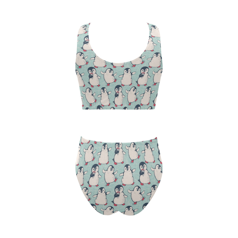 Cute Penguin pattern Chest Bowknot High Waisted Bikini Swimsuit