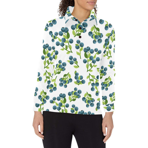 blueberry white background Women's Long Sleeve Polo Shirt