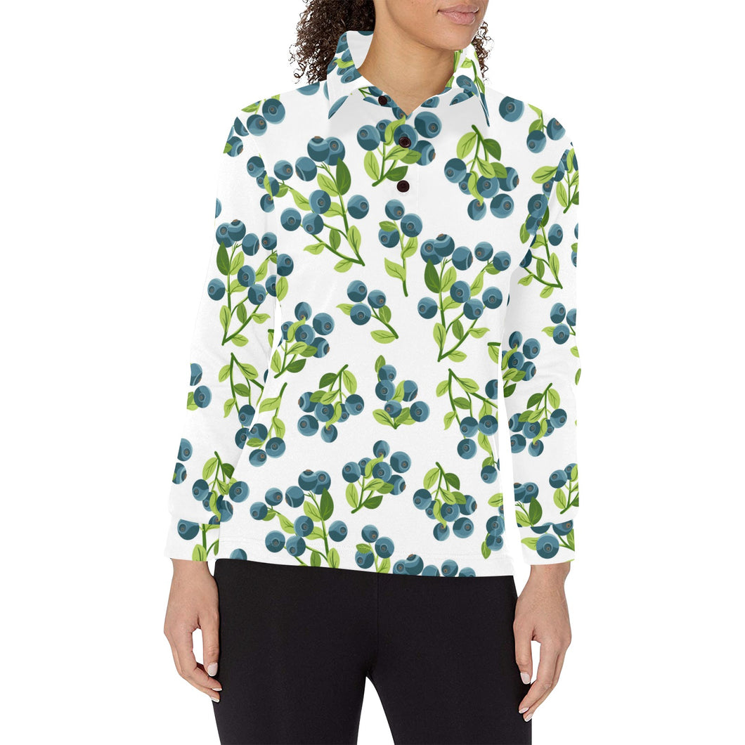 blueberry white background Women's Long Sleeve Polo Shirt