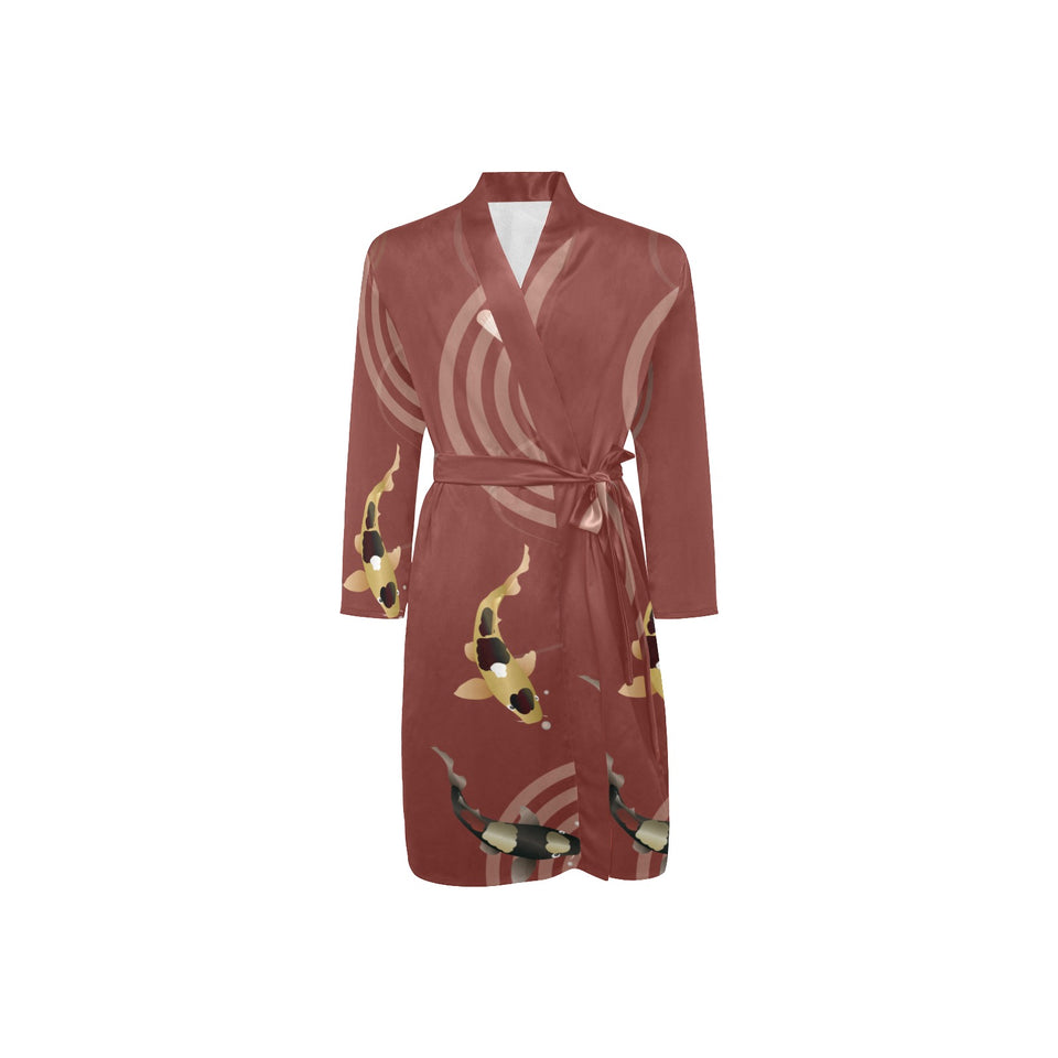 Koi Fish Carp Fish red background Men's Long Sleeve Belted Night Robe