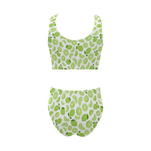 Lime design pattern Chest Bowknot High Waisted Bikini Swimsuit