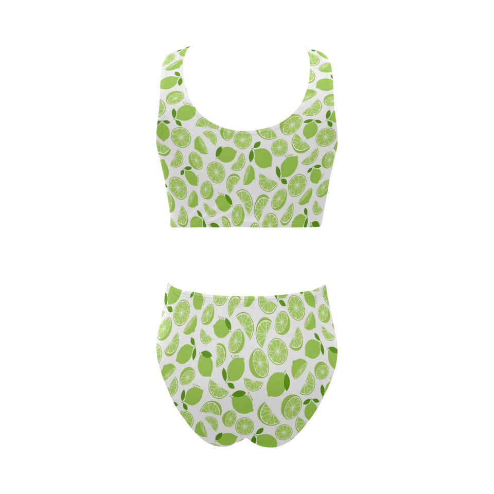 Lime design pattern Chest Bowknot High Waisted Bikini Swimsuit