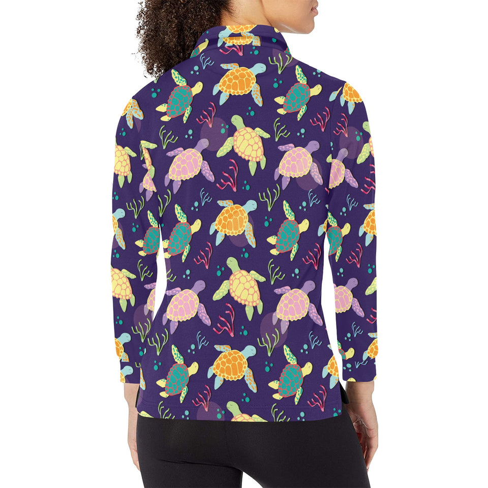 Colorful sea turtle pattern Women's Long Sleeve Polo Shirt