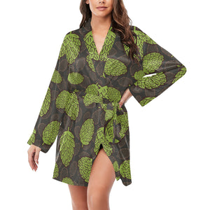 Hop pattern black background Women's Long Sleeve Belted Night Robe